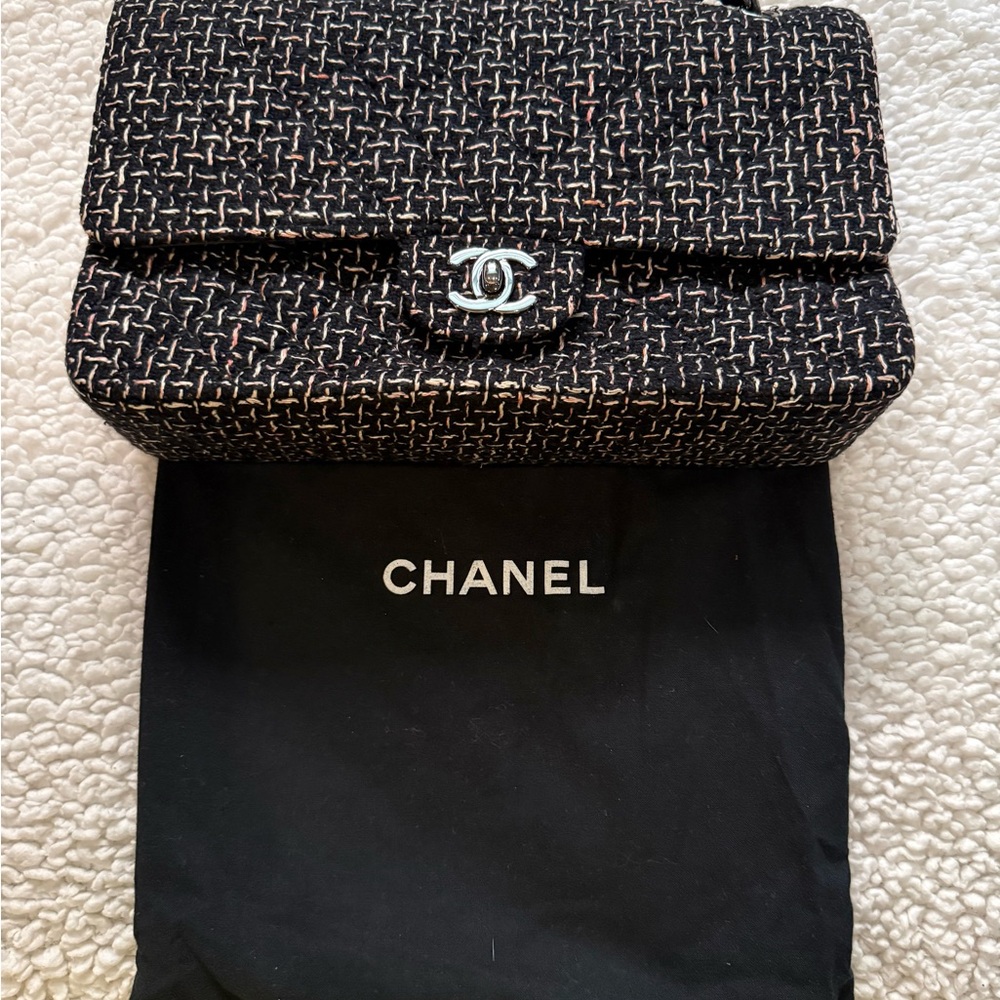 CHANEL Black & Pink Tweed Flap Clutch with Silver CC
